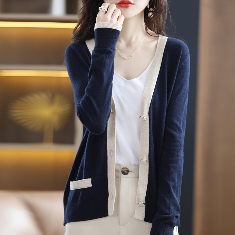 Wool Cardigan Long-Sleeved Women’s 2022 Spring And Autumn New Korean Style Color-Blocking Sweater Thin V-Neck Bottoming alx