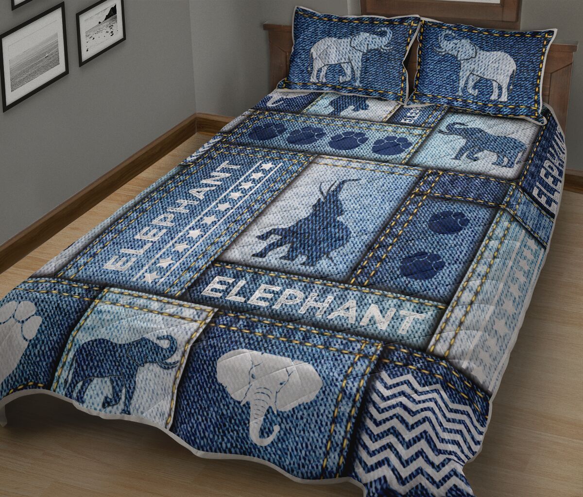 4TITEL – ELEPHANT SYMBOL LEATHER JEANS PATCHWORK QUILT BED SET