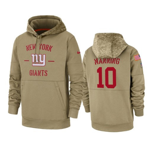 New York Giants Eli Manning Tan 2019 Salute To Service Sideline Therma Pullover Hoodie