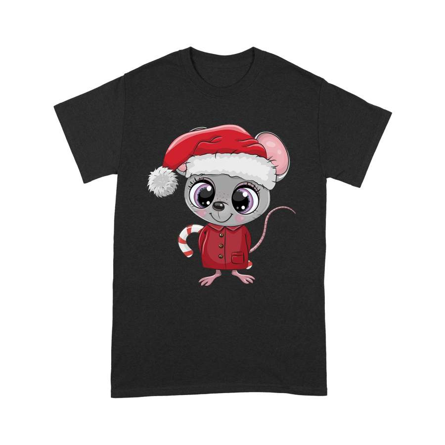 Christmas Gift Cute Rat Have Big Eyes And Wear Santa Clothing Santa Hat And Hold Christmas Cane Candy Behind – Standard T-shirt