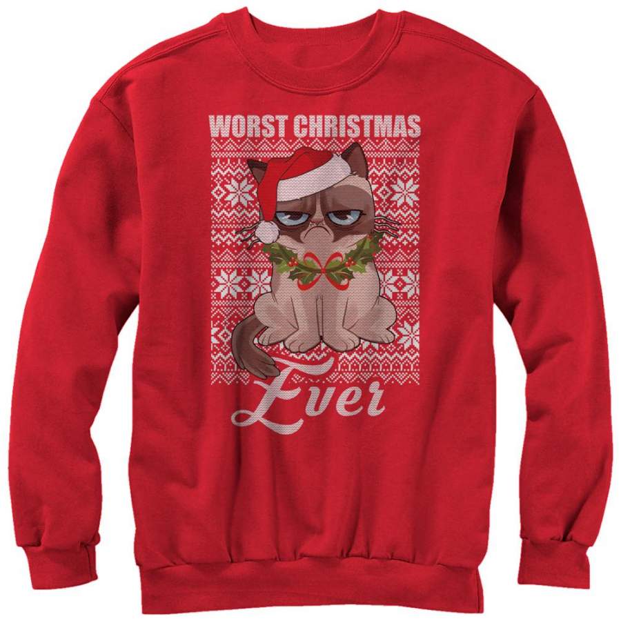 Grumpy Cat Men’s Ugly Christmas Worst Ever  Sweatshirt Red