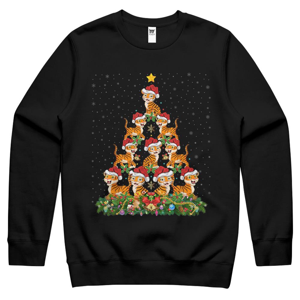 Tiger Xmas Tree Gift Santa Hat Tiger Christmas Crewneck Sweatshirt