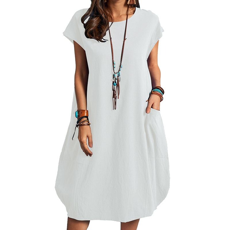 2022 Women Casual O-Neck Short Sleeve Midi Summer Dress With Pocket Basic Solid Dress Beach Party Loose Holiday Dress alx