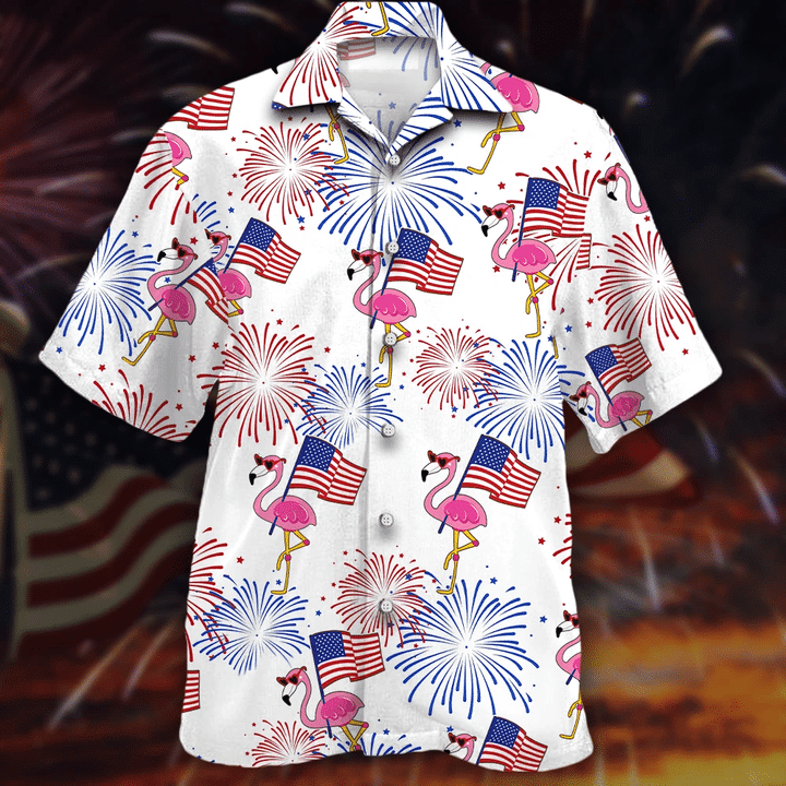 Flamingo Hawaiian Of July And Flag Red Blue Firework Shirt Ha83841