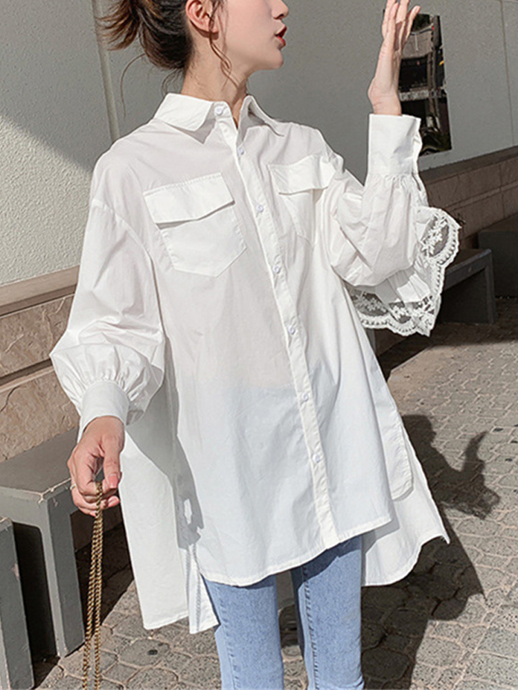 2022 Lace Stitching Design Women Blouse Shirt Long Sleeve White Solid Loose Long Version Casual Top S-4XL alx