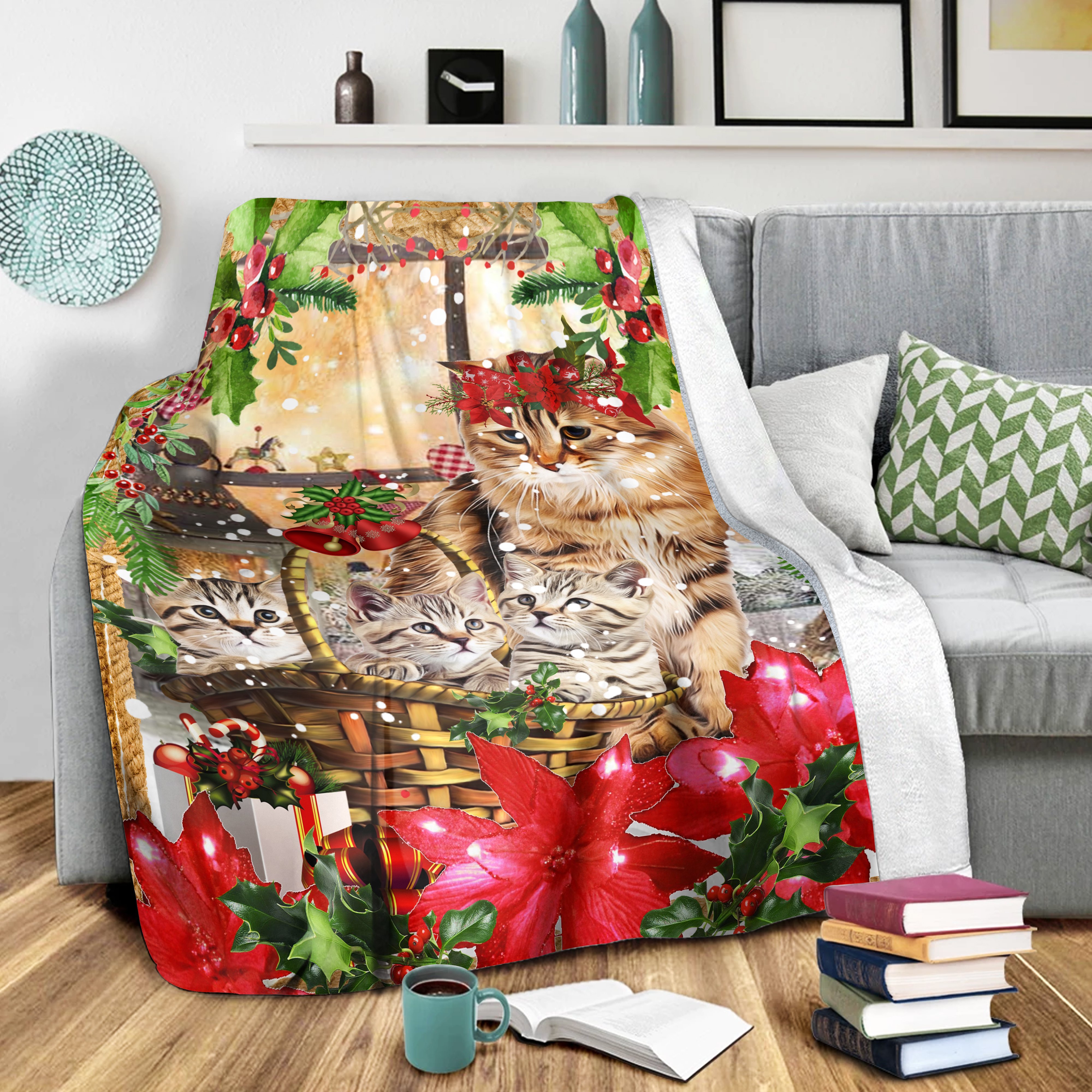 Cat And Kittens Holly Night – Fleece Blanket, Gift For Cat Lovers, Christmas Gift, Sherpa Blanket