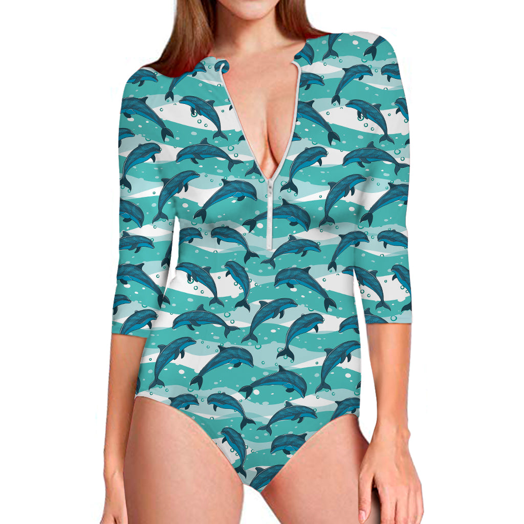 Dolphins In The Ocean Pattern Print Long Sleeve One Piece Swimsuit