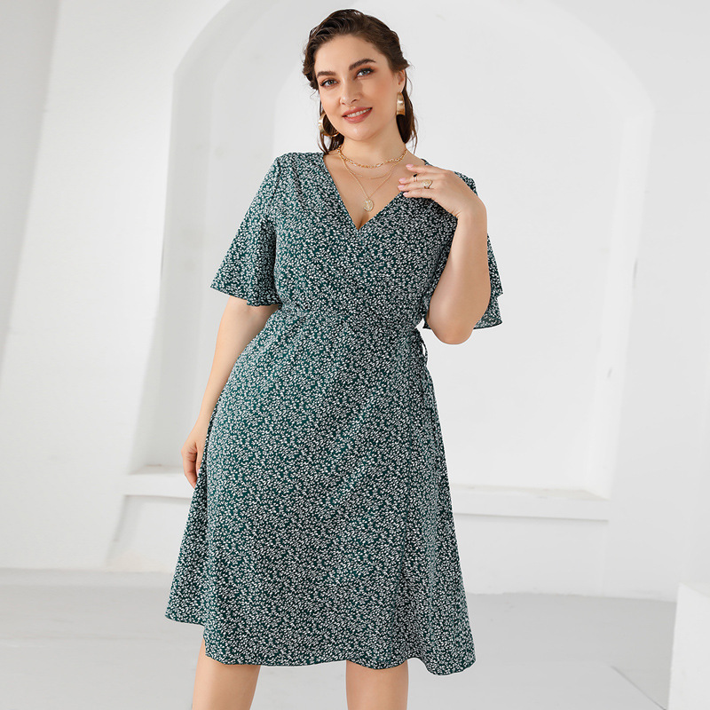 Women Floral Print Large Size Dresses Green Red Flare Sleeve Sashes Plus Size Dresses 2021 Summer V Neck Oversize Dress 5XL alx