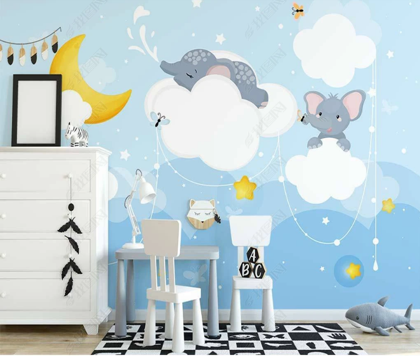 3D Hand-Painted Cartoon Elephant Sky Clouds Wall Mural Wallpaper Sww3308