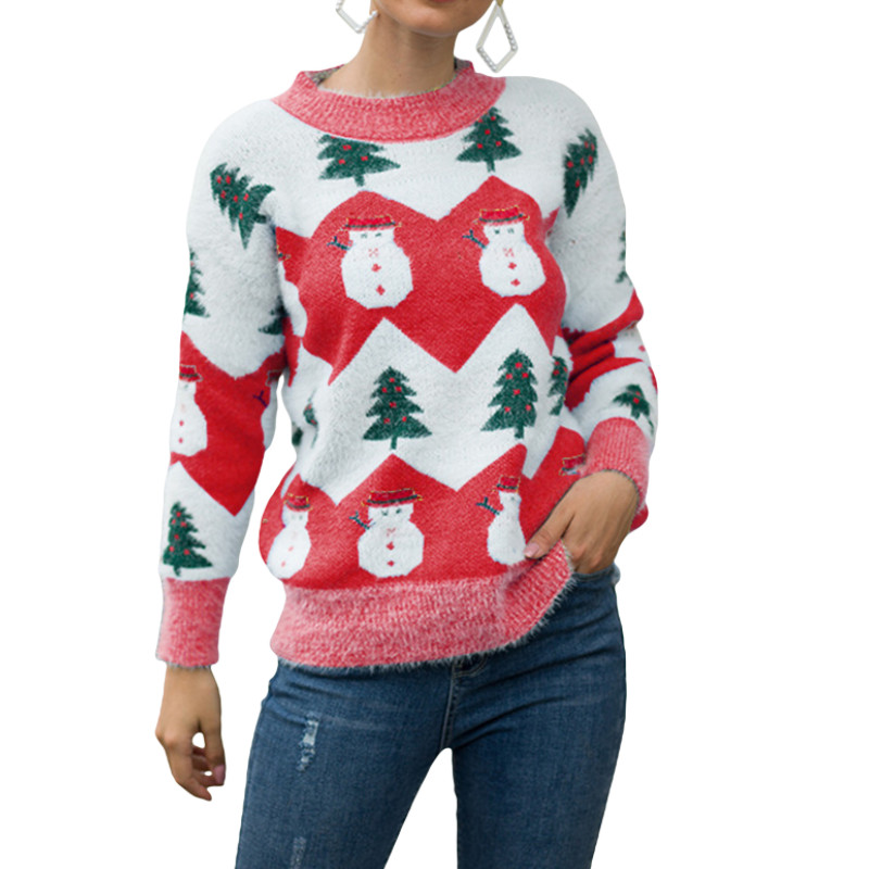 Women Knit Sweater, Adults Christmas Tree & Snowman Pattern Long Sleeve Round Neck Pullover Spring Autumn alx