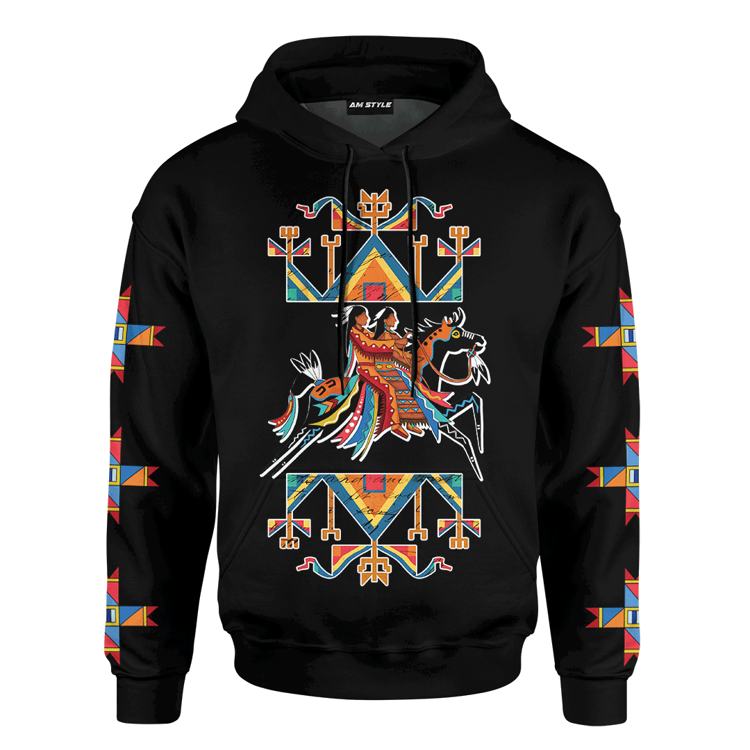 American Indian Horse Couple Ledger Art Native American Pattern Customized 3D All Over Printed Hoodie