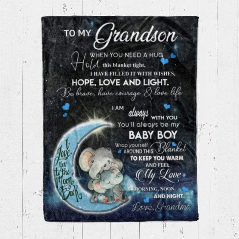 To My Grandson From Grandma I Love You To The Moon And Back Elephant Fleece Sherpa Woven Blankets Gifts For Grandson Family Home Decor Bedding Couch Sofa Soft And Comfy Cozy 9