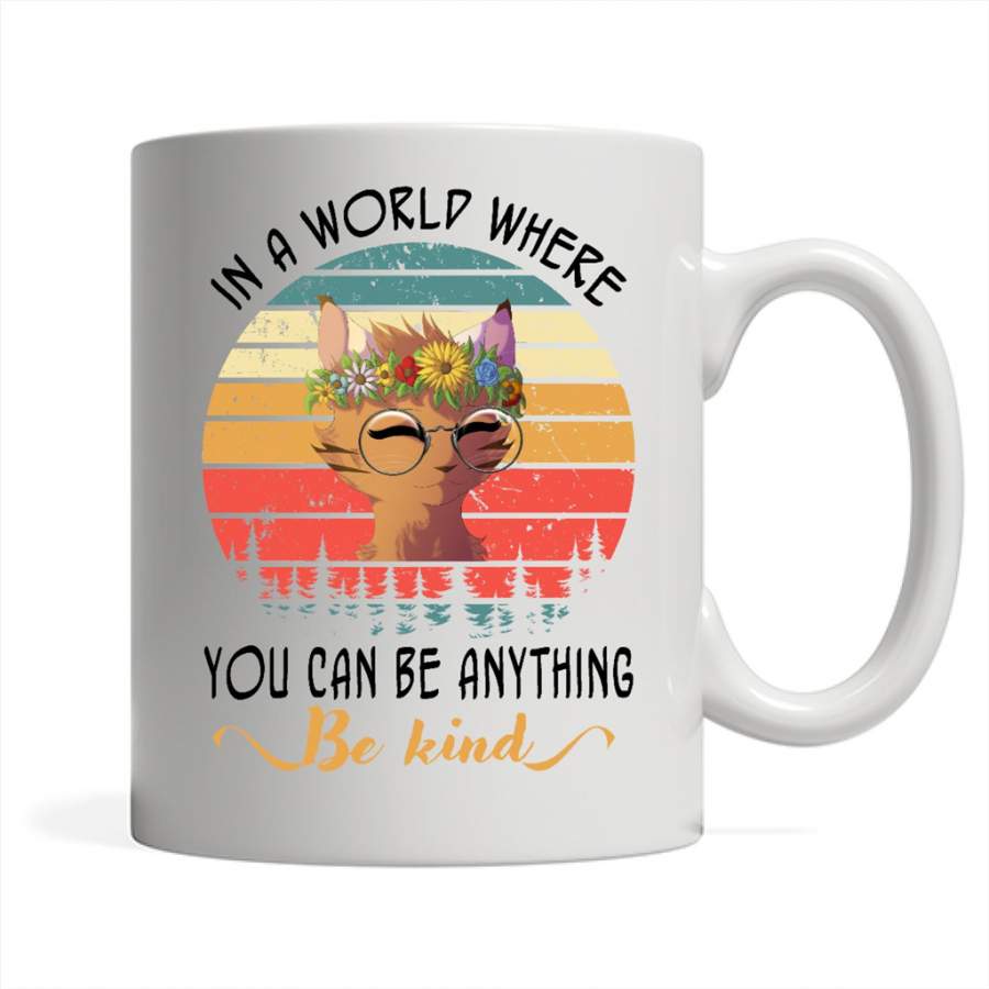 Cat Kitten, In A World Where you Can Be Anything Be Kind, Sunflower – Full-Wrap Coffee White Mug