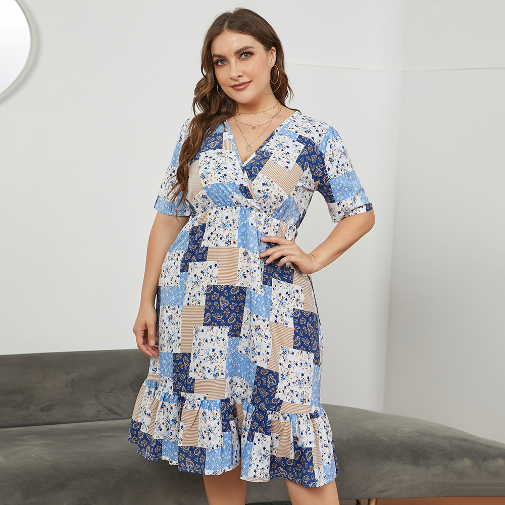 Women Short Sleeve Plus Size Dress Summer V-Neck Loose Casual Elegant A-Line Midi Dresses Fashion Floral Print Vestidos Female alx