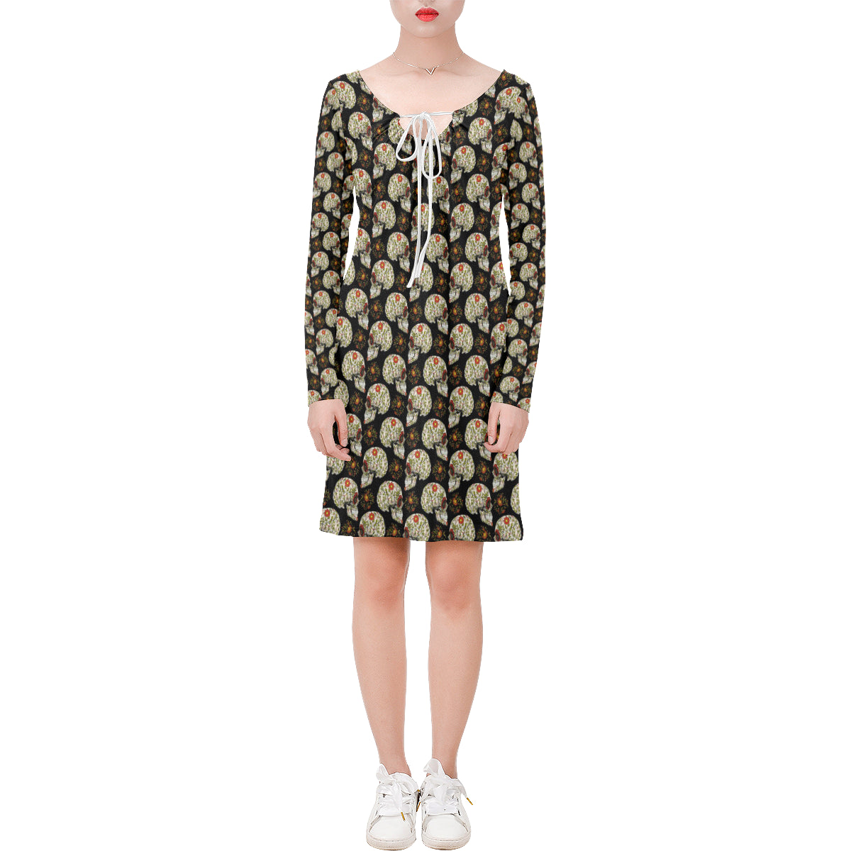 Sugar Skull Flower Design Themed Print Long Sleeves Dress Donuink Store