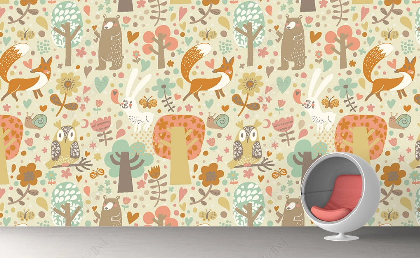 3D Hand Drawn Cartoon Forest Animal Wall Mural Wallpaper Lqh 462