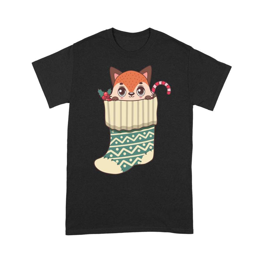 Christmas Gift Idea Cute Fox Holly Candy Cane In Christmas Stockings – Standard T-shirt