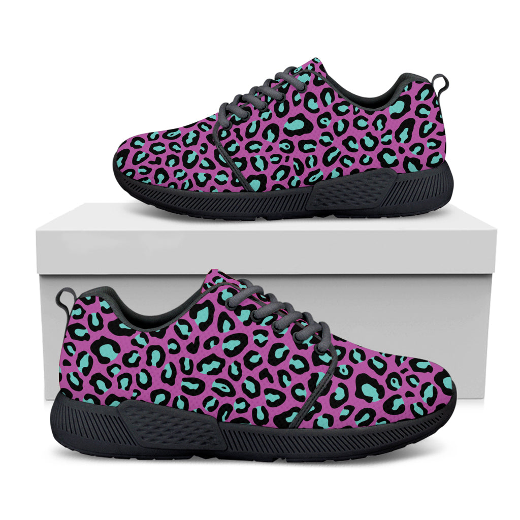 Purple And Teal Leopard Pattern Print Black Athletic Shoes