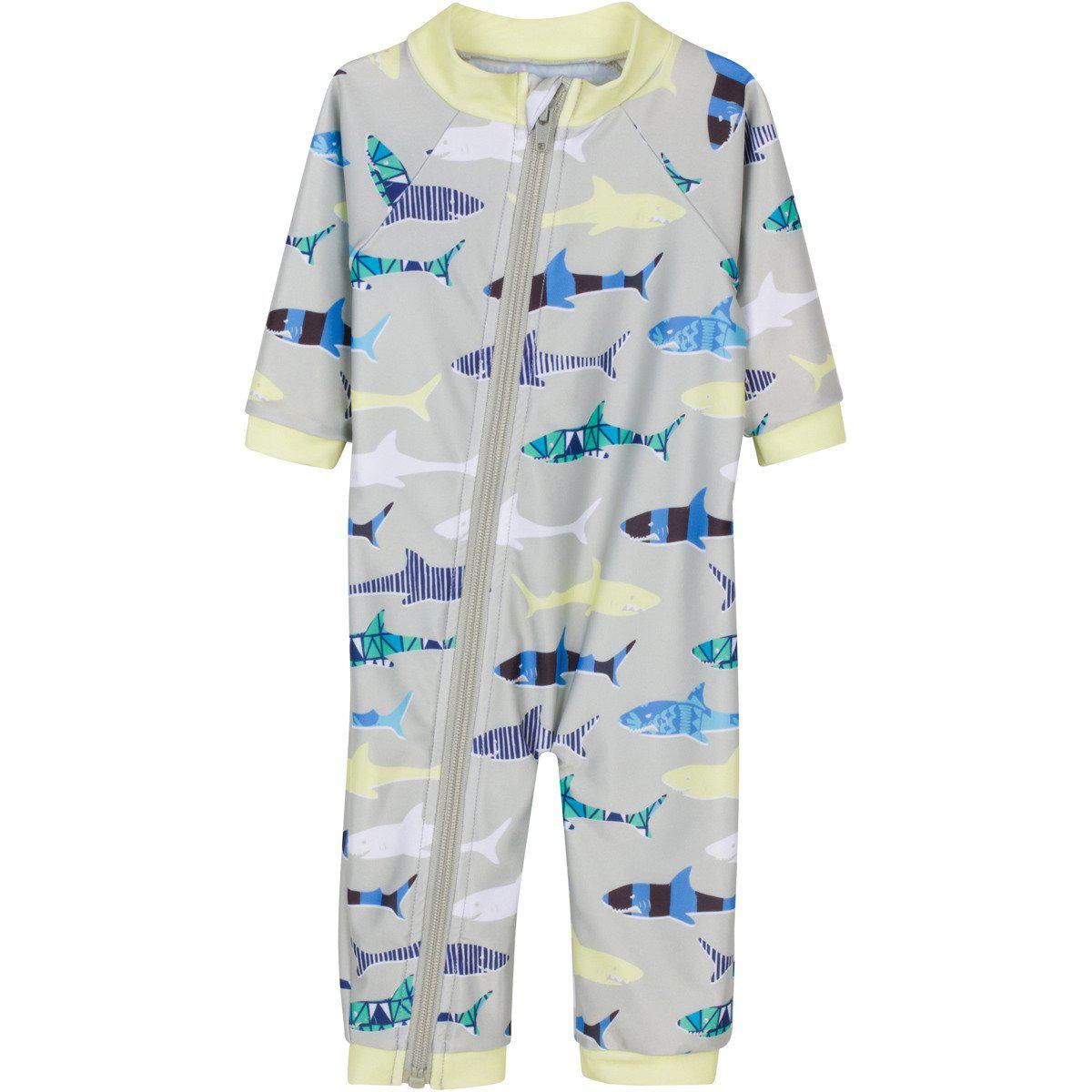 Boy Long Sleeve Romper With Upf 50+ Uv Sun Protection – “Shark Feast”