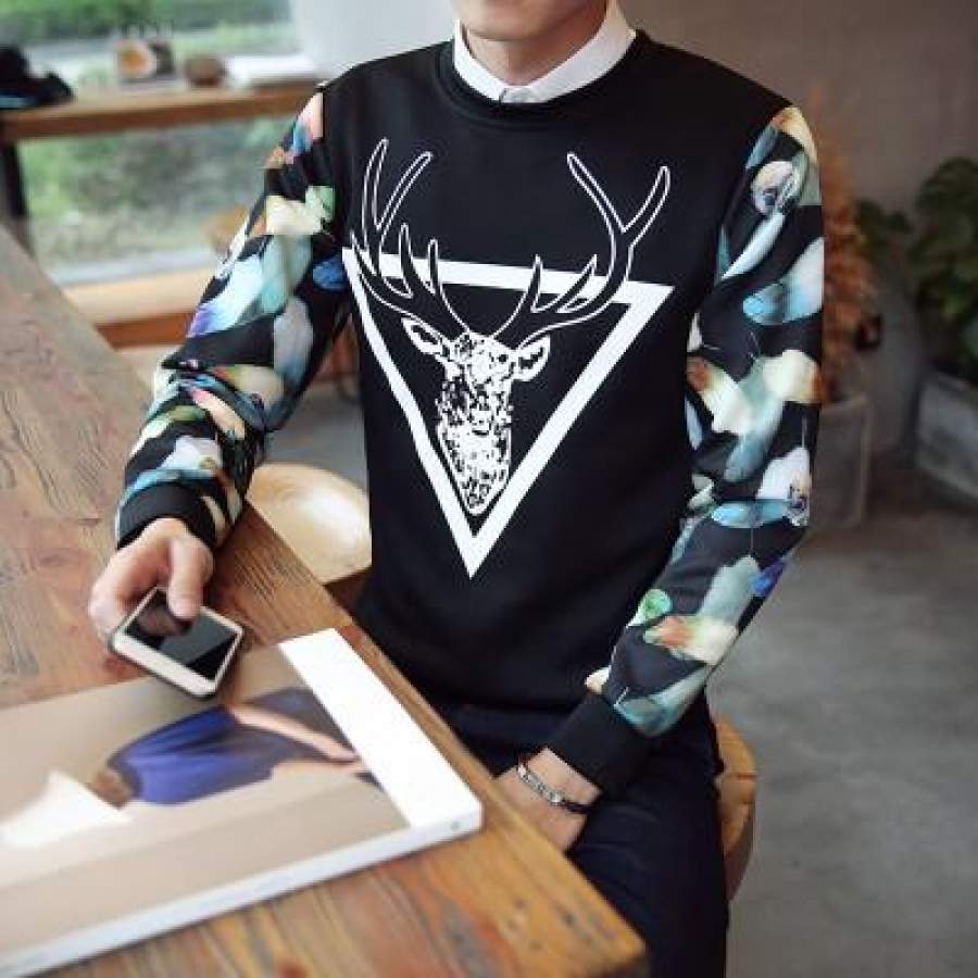 New Mens Long Sleeve O-neck Deer Print Casual Pullovers Sweatshirts