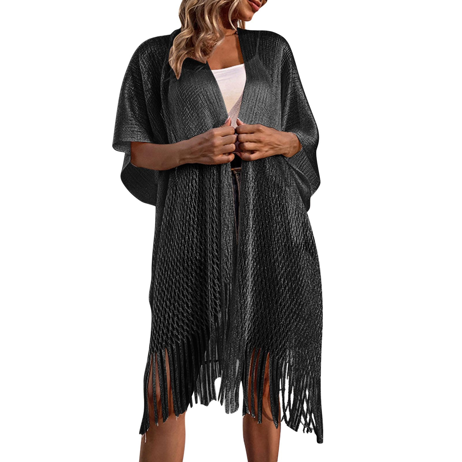 Women’s Summer Solid Color Kimono Tassel Knitted Hollow Casual Cardigan Sun Protection Shirt Fringed Cape Cover Up Smock Coat alx