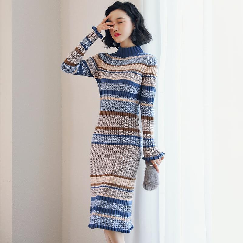 Women Sexy Bodycon Knitted Long Sleeve Midi Dresses Casual 2022 Summer Autumn Korean Fashion Striped Turtleneck Pullover Dress alx