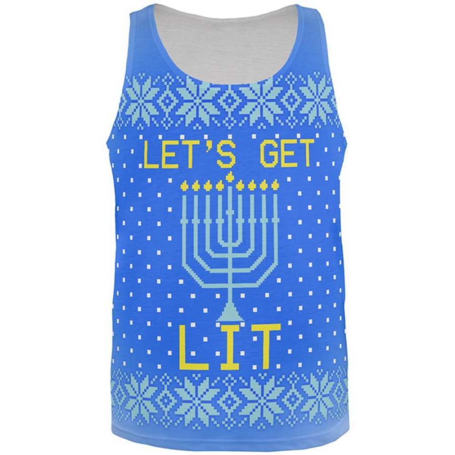 Ugly Christmas Sweater Let’s Get Lit Menorah Hanukkah All Over Mens Tank Top