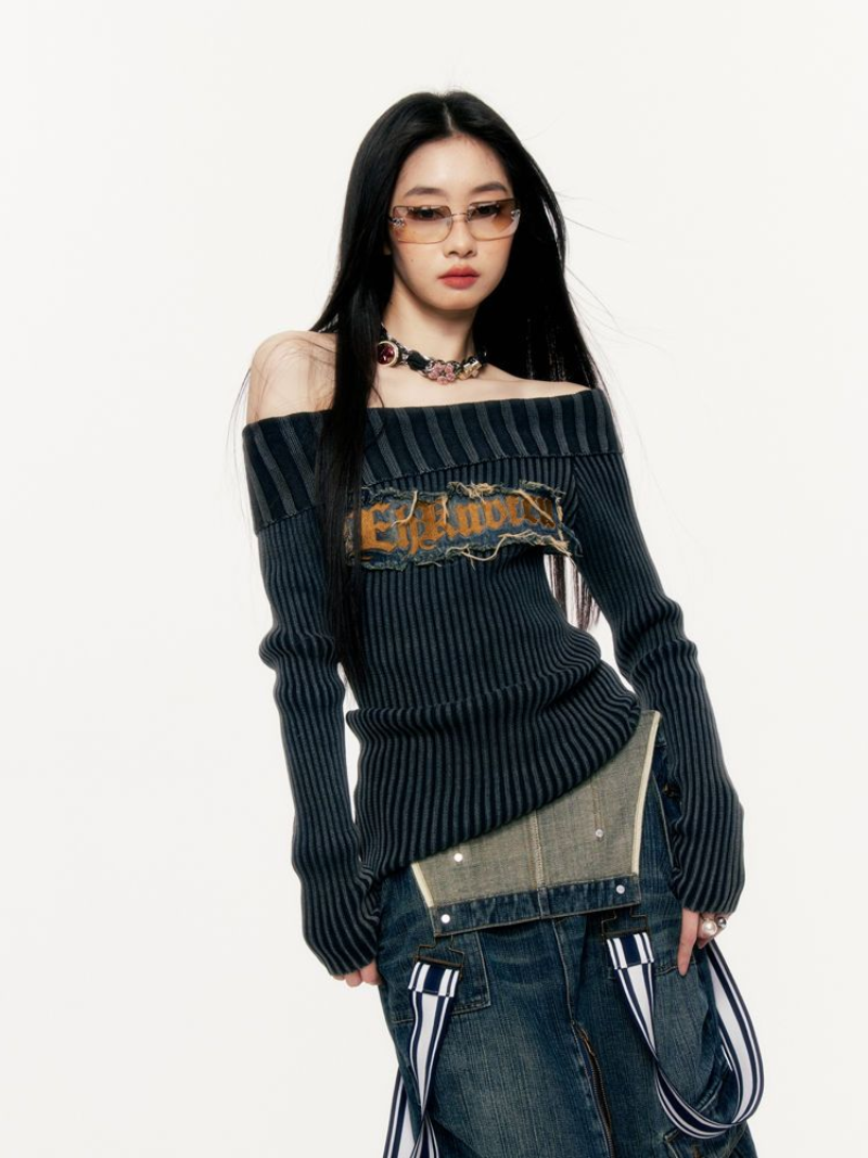 American Vintage Sexy Slim Off Shoulder Knitted Letter Sweaters Pullovers Women Slash Neck Chic Pull Femme Sueter Mujer Y2k Tops alx