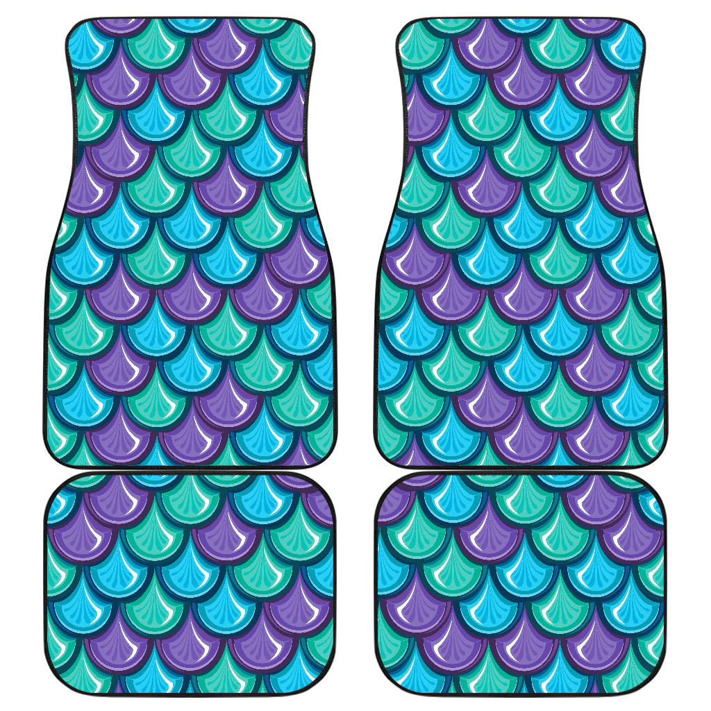 Teal Mermaid Scales Pattern Print Front And Back Car Floor Mats, Front Car Mat