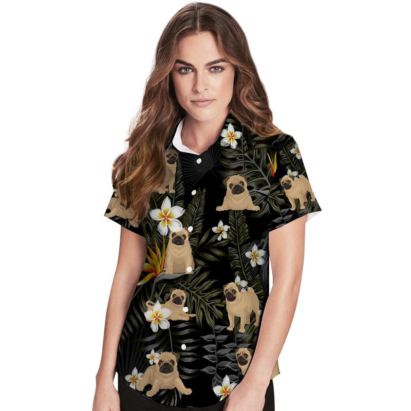 Pug Tropical Flowers Women Hawaii Shirt For Dog Lovers Ha60400