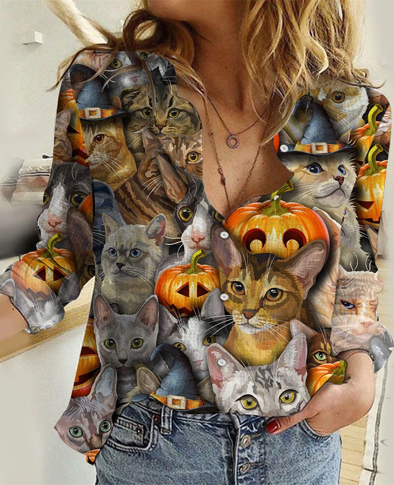 [CityBarks] [Linen Shirt] Cat And Pumpkin Halloween -YCL54