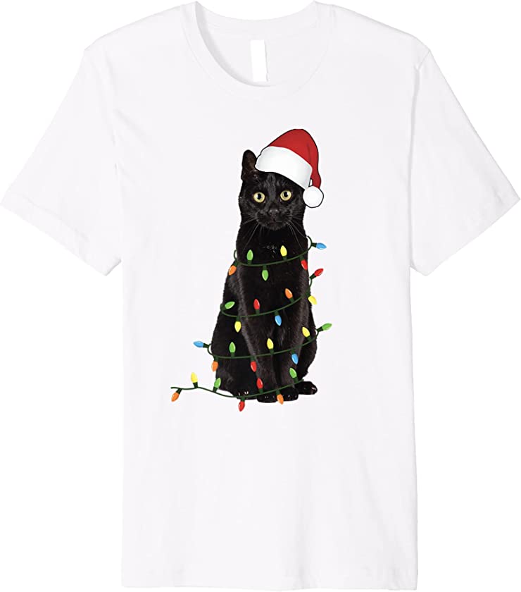 Christmas Cat, Santa Hat, Cute Black Kitten, Holiday Lights Premium T-Shirt