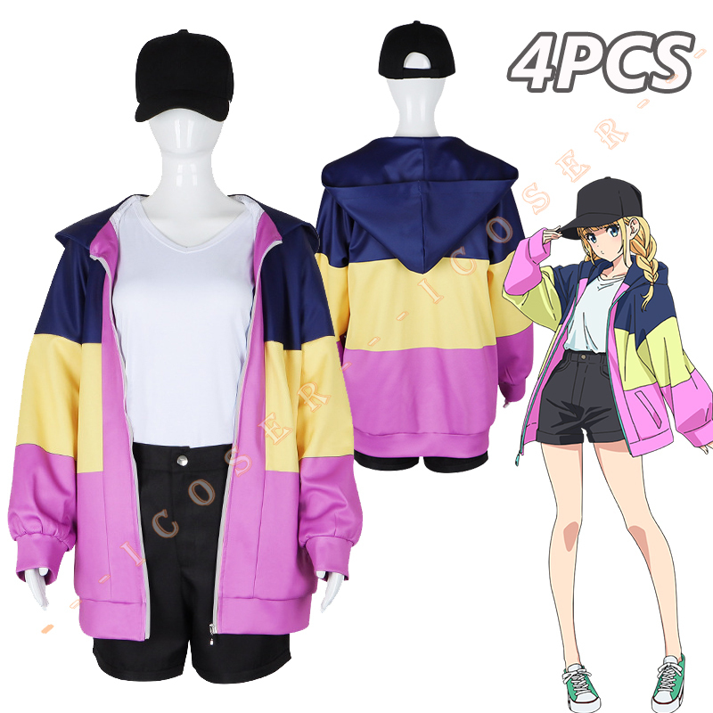 Anime Paripi Koumei Tsukimi Eiko Cosplay Costume Hooded Jacket Blonde Wig Hat Shirt Pants Girls Set Outfit Ya Boy Kongming Women alx