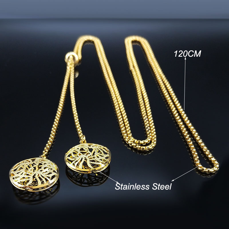 Stainless Steel Long Necklaces Gold Color Round Flower Women Long Necklace Jewelry sautoir femme long acier inoxydable alx