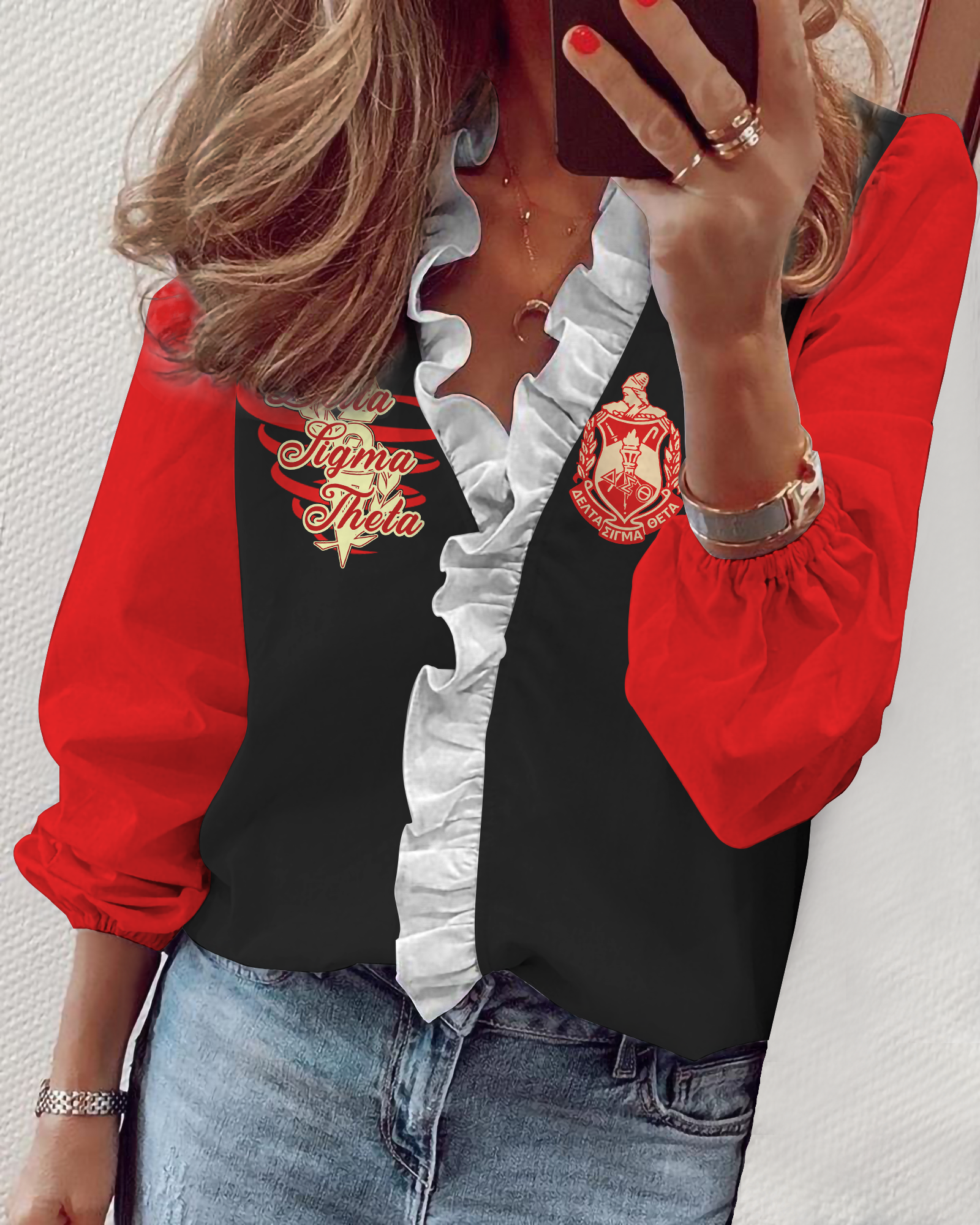 Delta Sigma Theta V-Neck Long Sleeve Lace Shirt 03