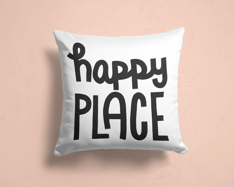 Happy Place Throw Pillow, Decorative Pillow, Pillow With Quote, Pillow With Words, Dorm Pillow, Housewarming Gift, Gift For Home