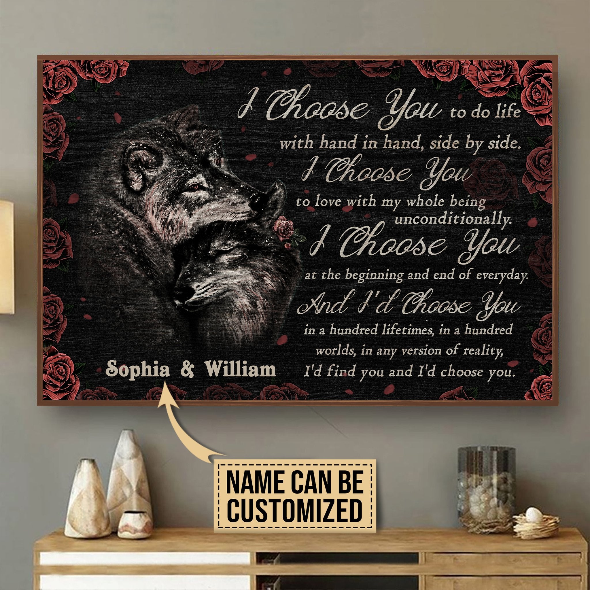 Personalized Canvas, Custom Canvas Prints Wolf Couple Rose I Choose You Customized Poster Print, Canvas Poster Wall Art, Canvas Print Wall Decor