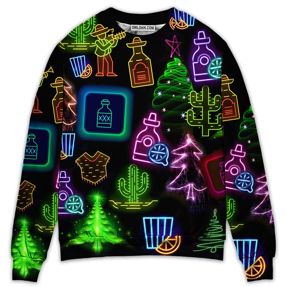 Wine Tequila Christmas Neon Art Drinking – Sweater  – Ugly Christmas Sweaters  – Owl Ohh