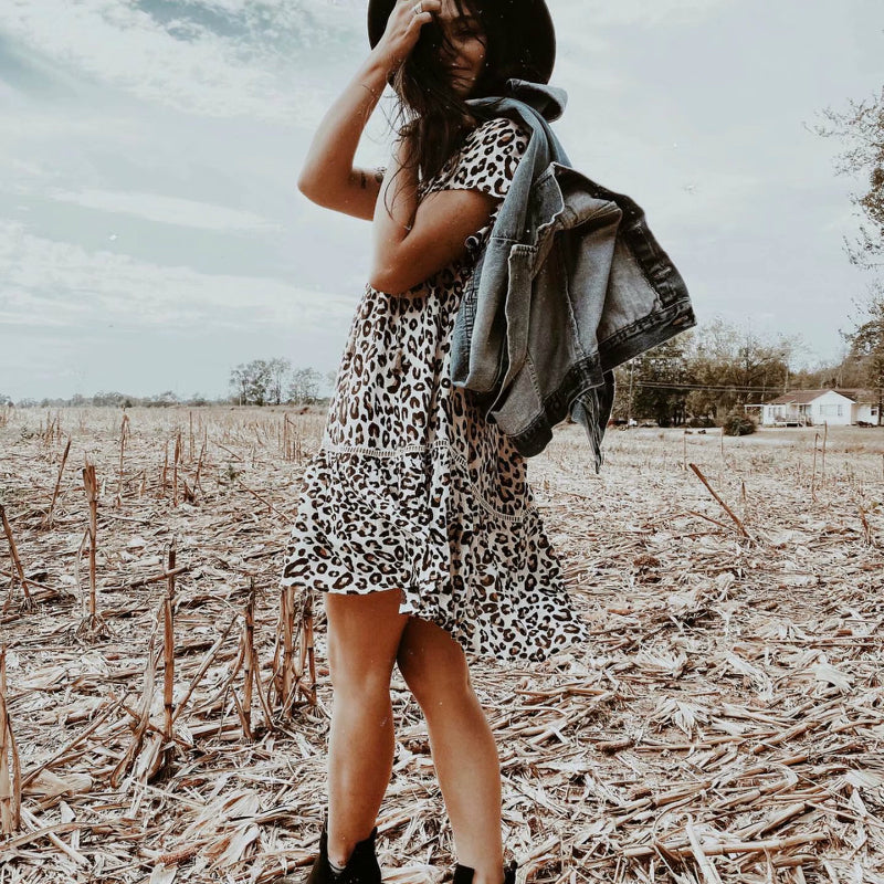 Vintage Chic Leopard Print V-Neck Bohemian Mini Dress