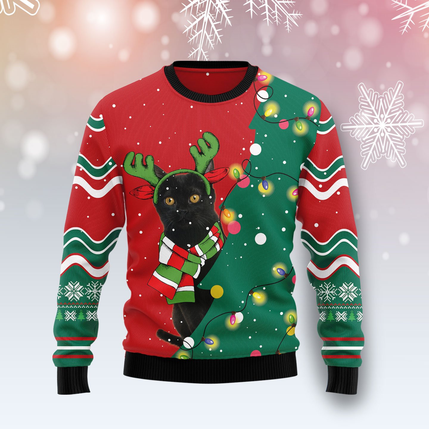 Black Cat Christmas Tree TY0312 unisex womens & mens, couples matching, friends, funny family ugly christmas holiday sweater gifts (plus size available)