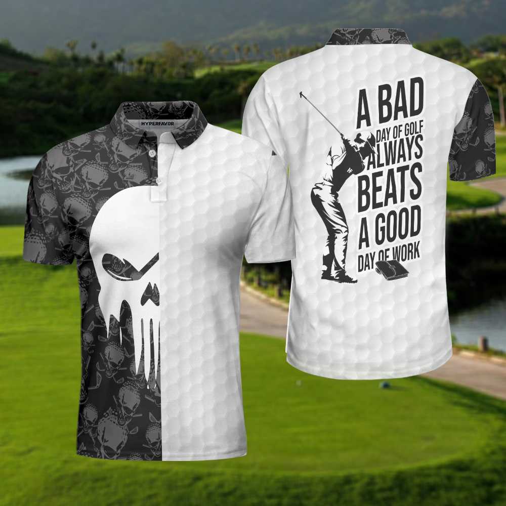 Bad Day Of Golf Polo Shirt, Black And White Skull Golf Shirt For ...