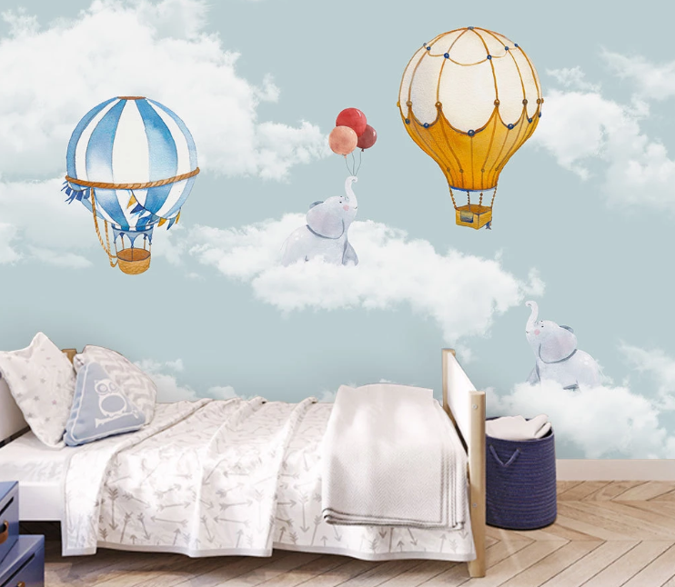 3D Hot Air Balloon Elephant Sky Wall Mural Wallpaper Sf420