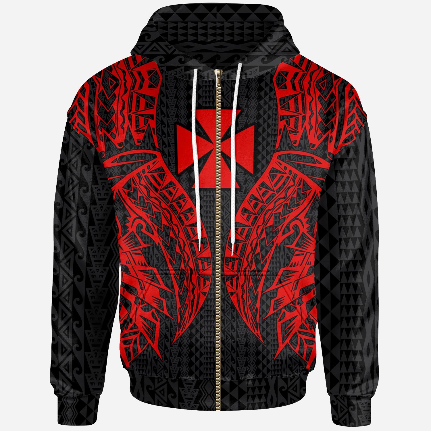 Wallis’nd Futuna Zip-Up Hoodie – Polynesian Lion Head Red Style – Pacific Print Hoodie