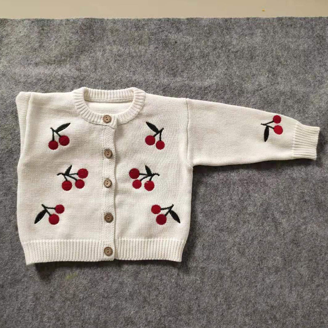 Spring Style Suit 0-2 Year Old Baby Girl Cherry Embroidered Lovely Sweet Long Sleeved Top + Ha Skirt alx