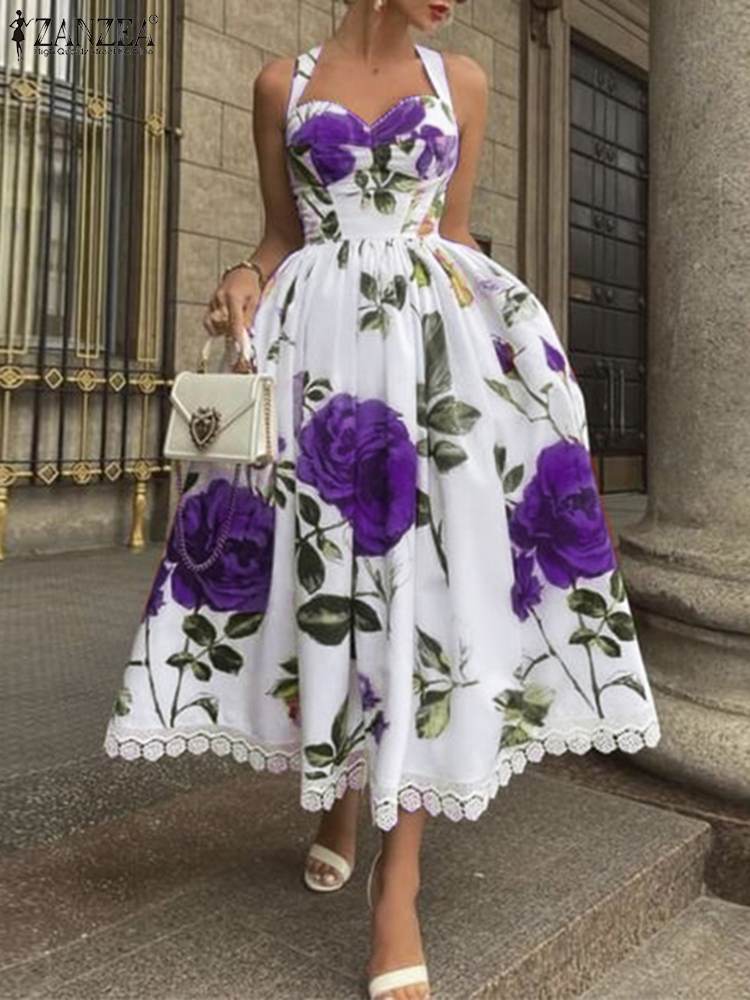 Elegant Dresses for Women Floral Printed Sleeveless Vestidos 2022 ZANZEA A Line Robe Bandage Casual Lace Patchwork Maxi Sundress alx