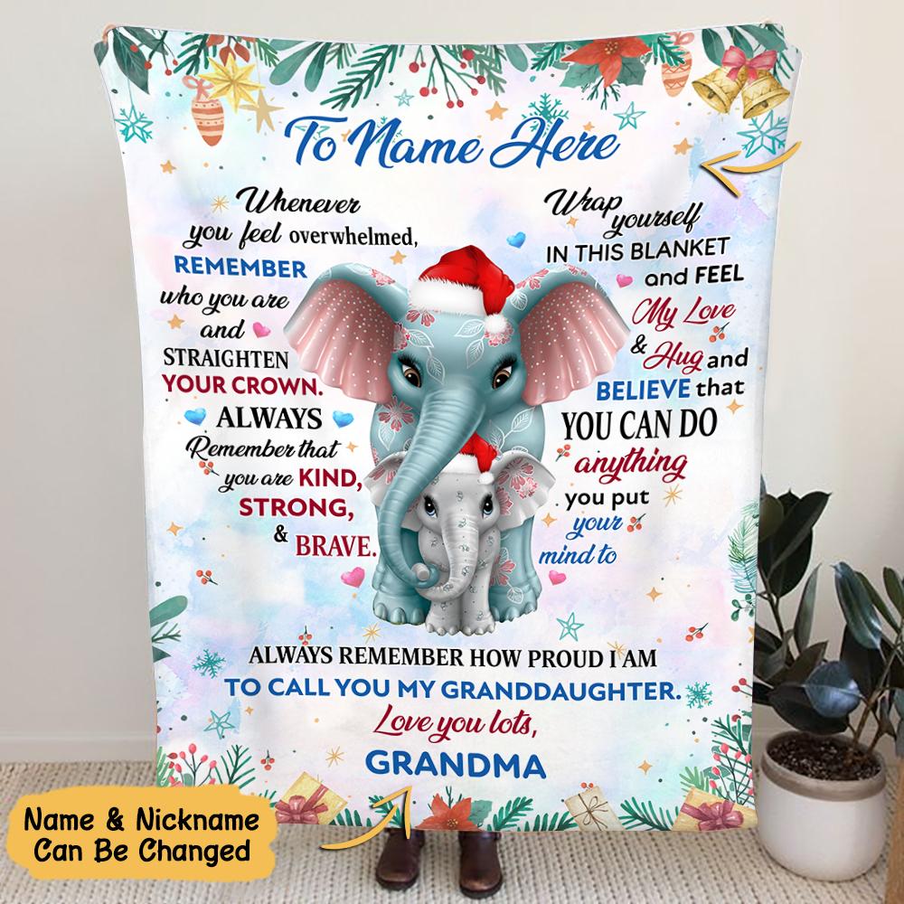 To My Granddaughter Elephant Christmas Blanket, To My Granddaughter Whenever You Feel Overwhelmed Christmas Blanket, Custom Granddaughter Blanket