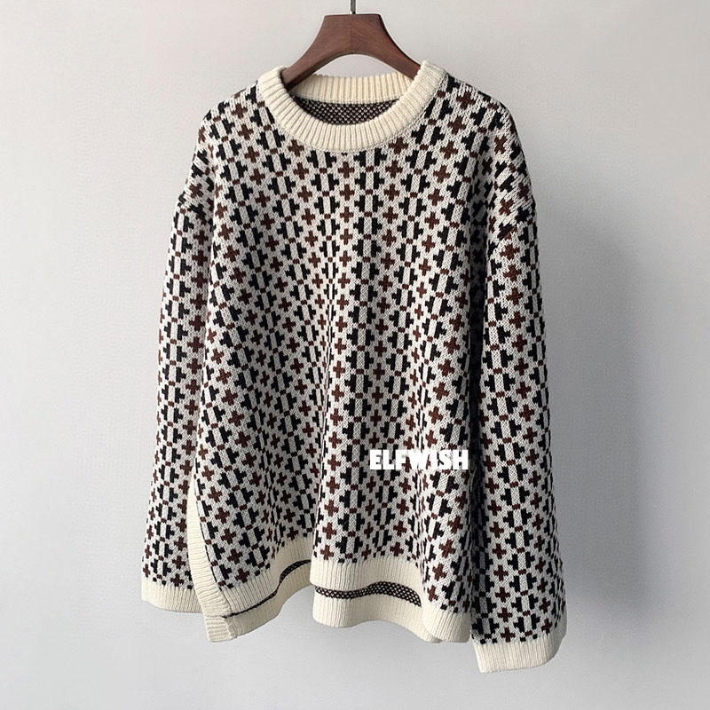 Woman Wool Blend Cross Jacquard Oversized Sweater Round Neck Wide Sleeves Fashion Jumper Pullovers Top 2022 Autumn alx