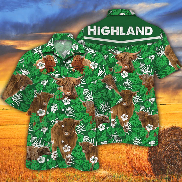 Cow Hawaii Shirts For Women Highland Cattle Lovers Green Floral Pattern Hawaii Shirt Ha66359