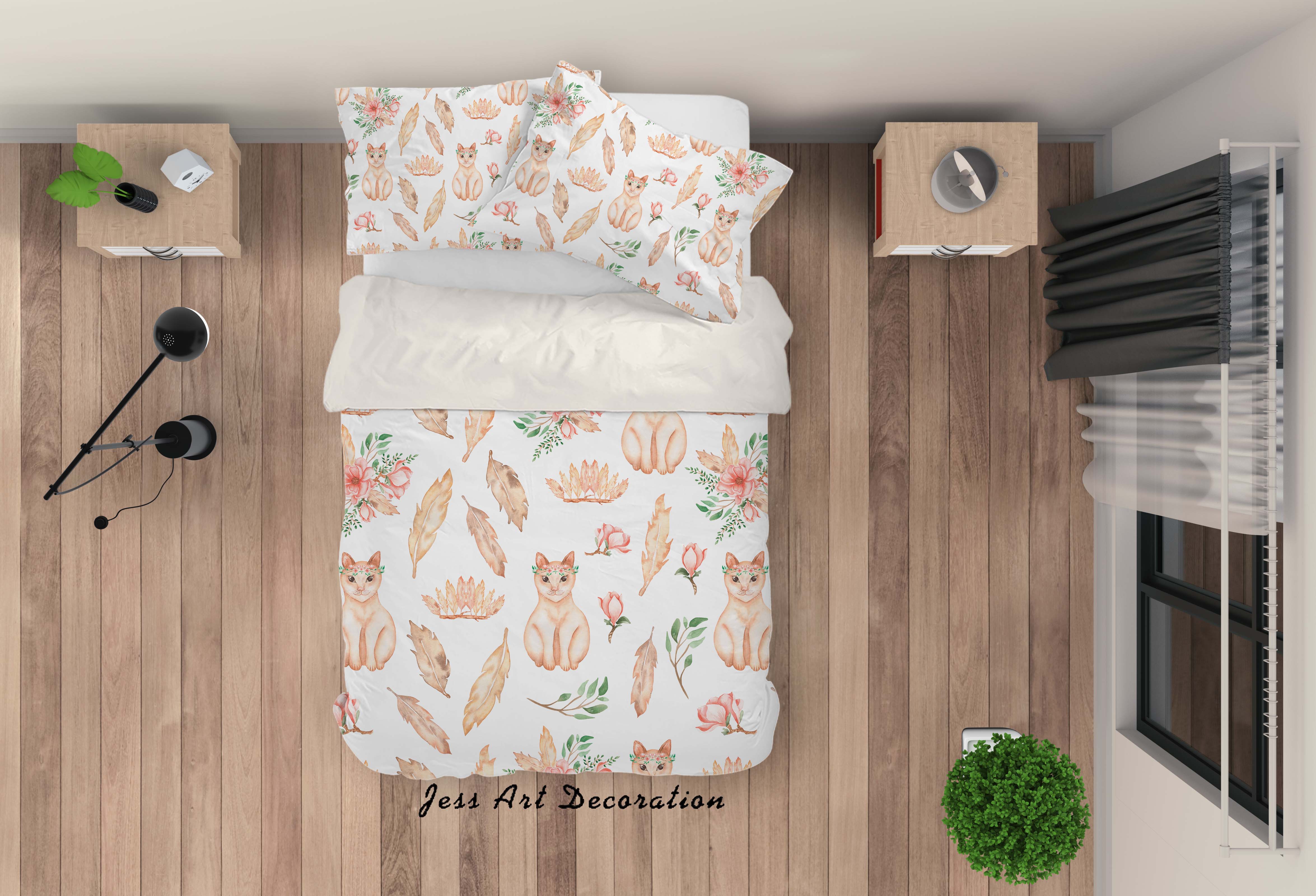 3D Cartoon Cat Animal Floral Plant Quilt Cover Set Bedding Set Duvet Cover Pillowcases Lxl