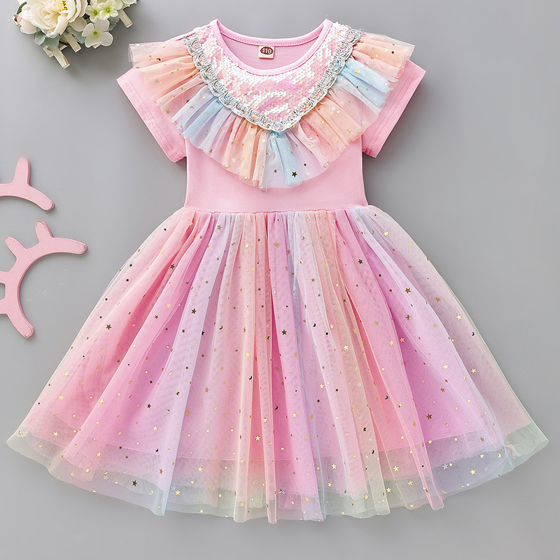 Summer Elsa Princess Dress Girls Rainbow Short Sleeve Dress Wings Puff Dress Kids Dresses for Girls Cotton Mesh Girls Dress alx